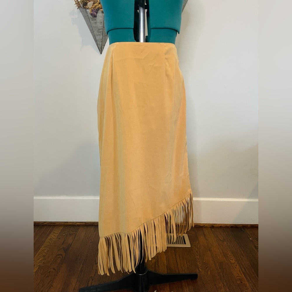 Denim&Co Tan Asymmetrical Skirt with Fringe Hem